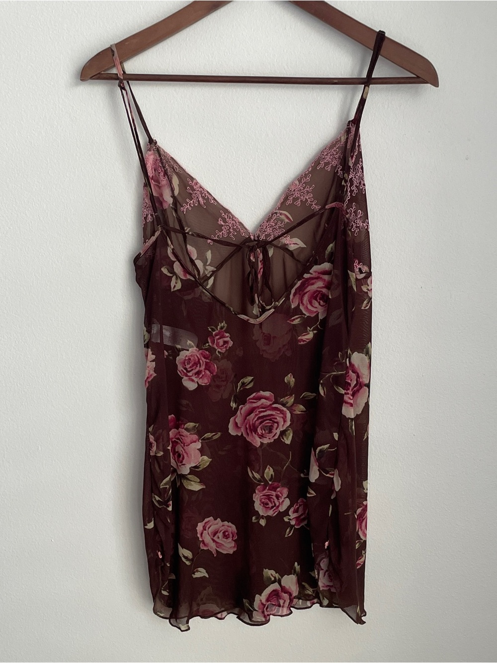 Y2K Floral Lace Coquette Fairy Slip Dress Medium Brown V-Neck Sheer Shabby Chic - Picture 8 of 9
